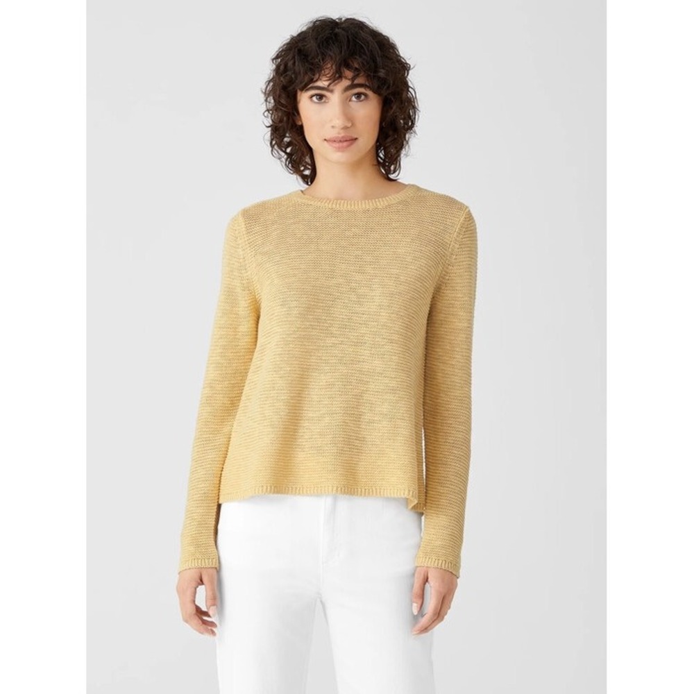 Eileen Fisher 100% Linen Crew Neck Sweater Mustard Yellow Size XL